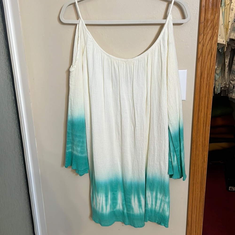 Tie dye aqua/cream shoulder peep dress